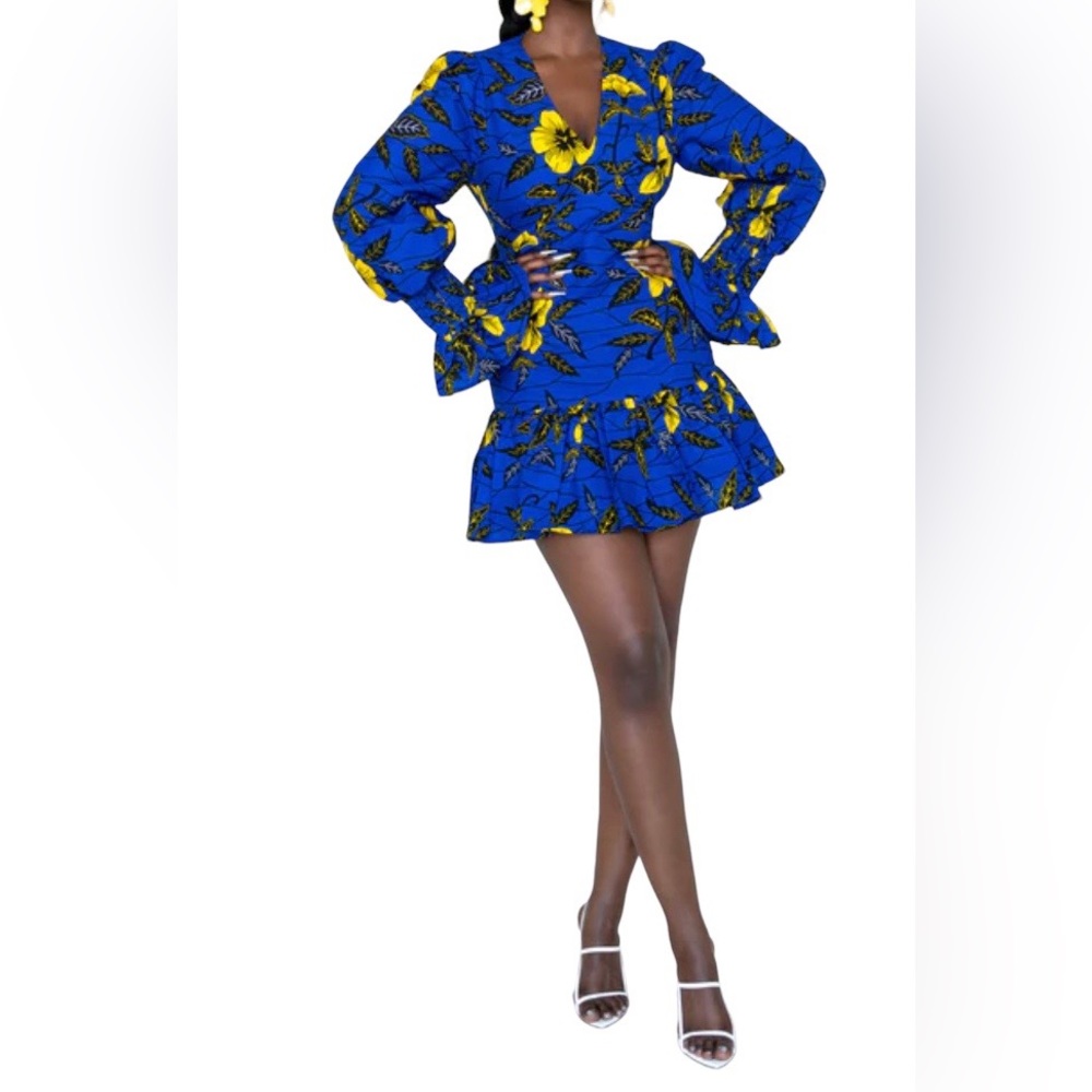 Ofuure Fimi NWT African Print V-neck Peplum Mini Dress Size Small